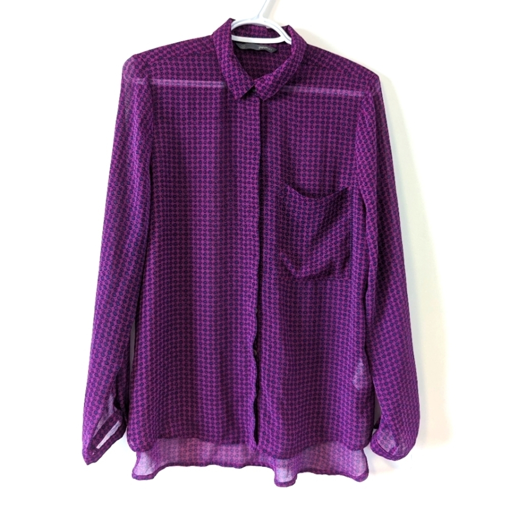 SmartSet Women's Medium Sized Purple Patterned Blouse Sheer Button Down Shirt